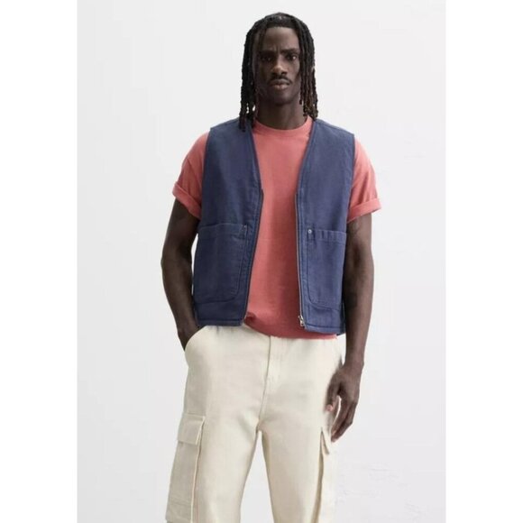 ZARA Mens Blue Denim Vest Relaxed Fit Waistcoat Cotton Zip Pockets Size M - Picture 1 of 13